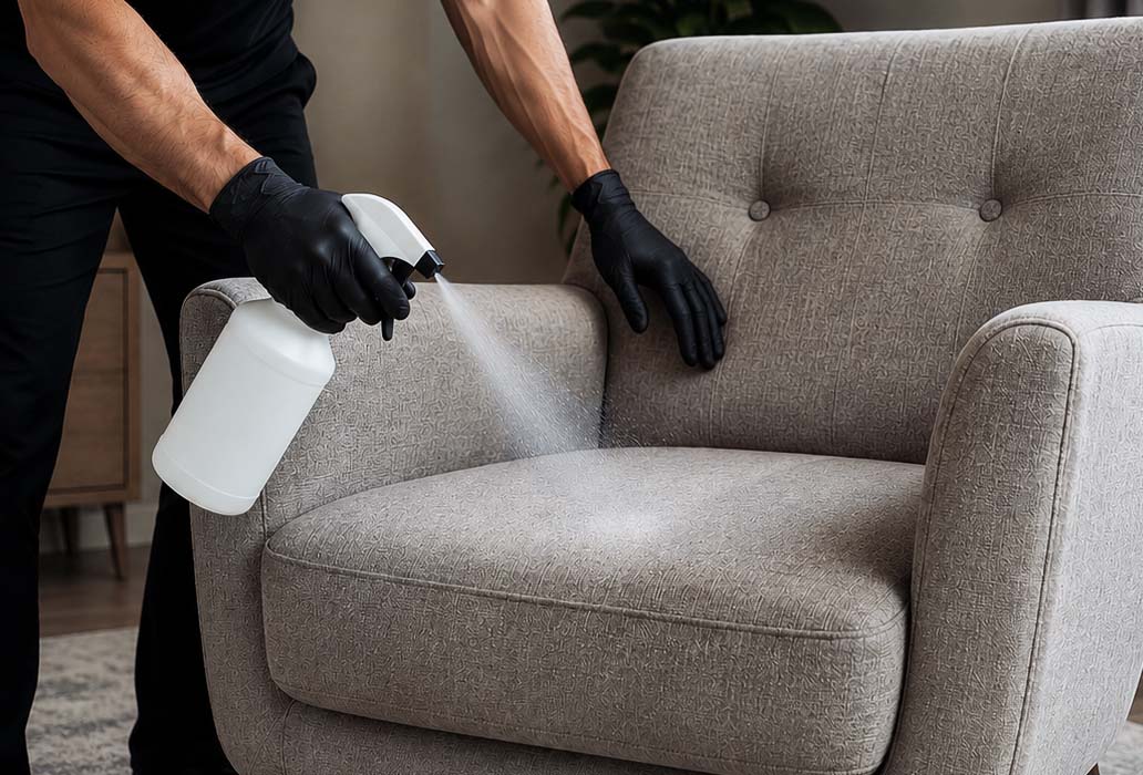 Aplicação de produto com pulverizador no estofado de uma poltrona
